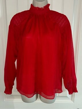 NWT Ann Taylor Chiffon Red Long-Sleeve Smocked Mock Neck Blouse Sz XS